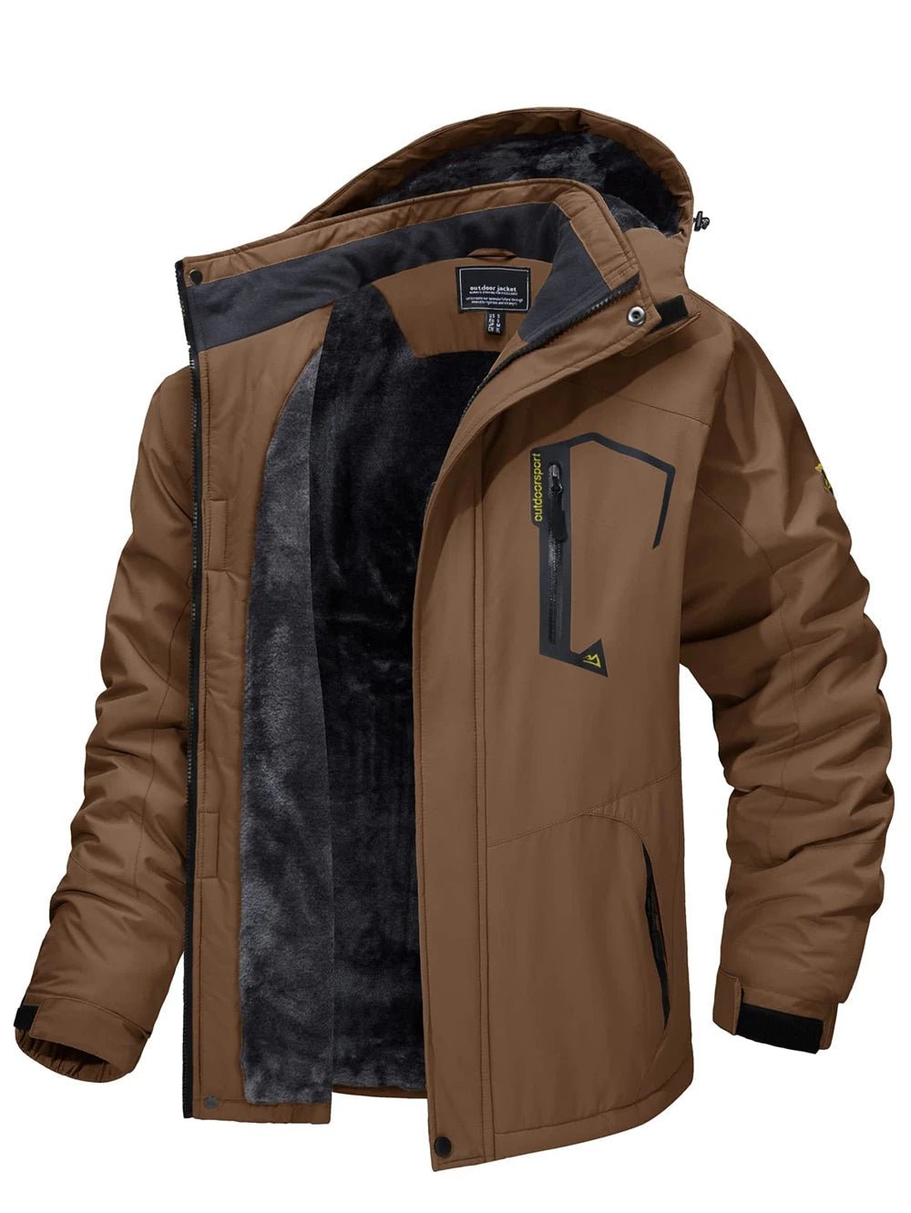 Back view of mens winter coat showing windproof outdoor clothing design