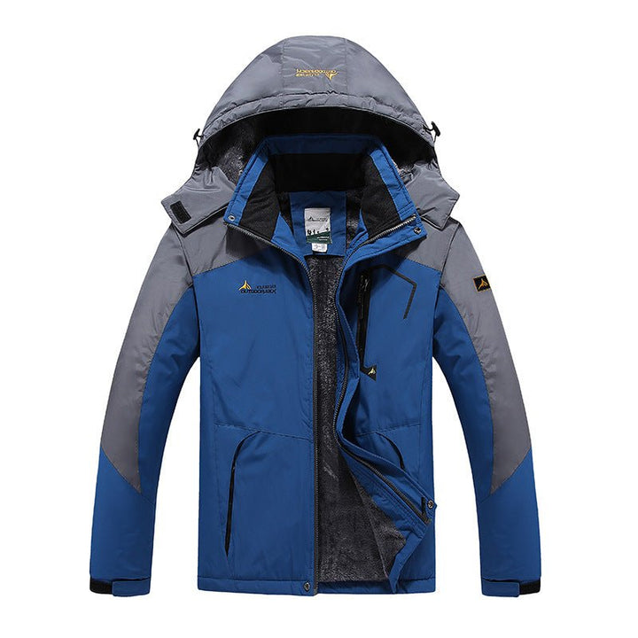 Men's blue and gray waterproof parka jacket with fleece lining and detachable hood