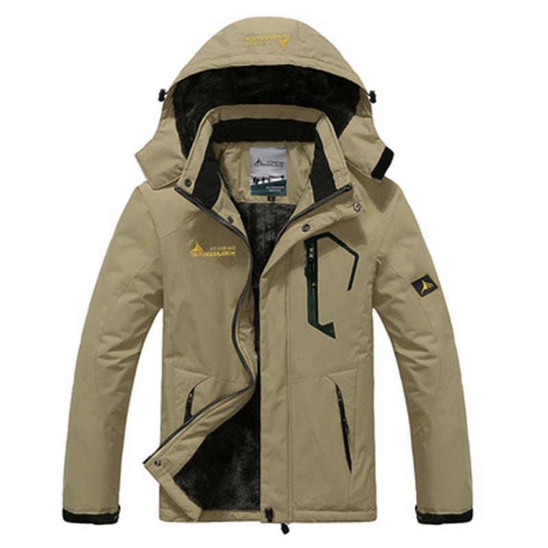 Close-up of detachable hood on mens waterproof jacket for hiking gear