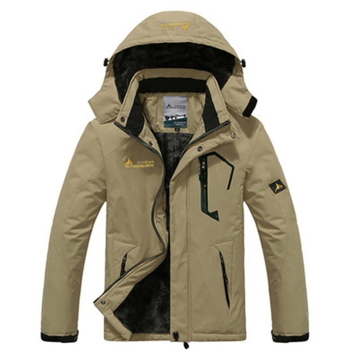 Close-up of detachable hood on mens waterproof jacket for hiking gear