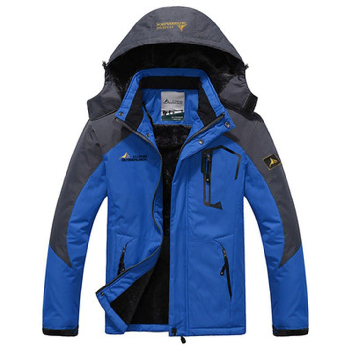 Front view of blue and gray men's winter parka with zipped pockets