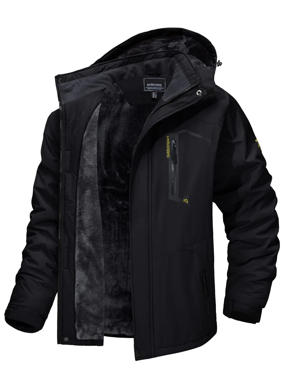 Black men's thermal winter jacket showing soft fleece interior lining