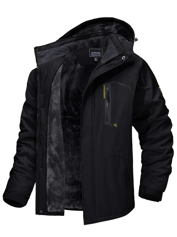 Black men's thermal winter jacket showing soft fleece interior lining