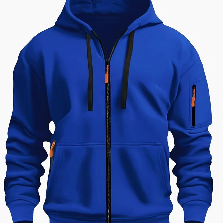 Full length view of mens casual wear zip-up hoodie in neutral tone