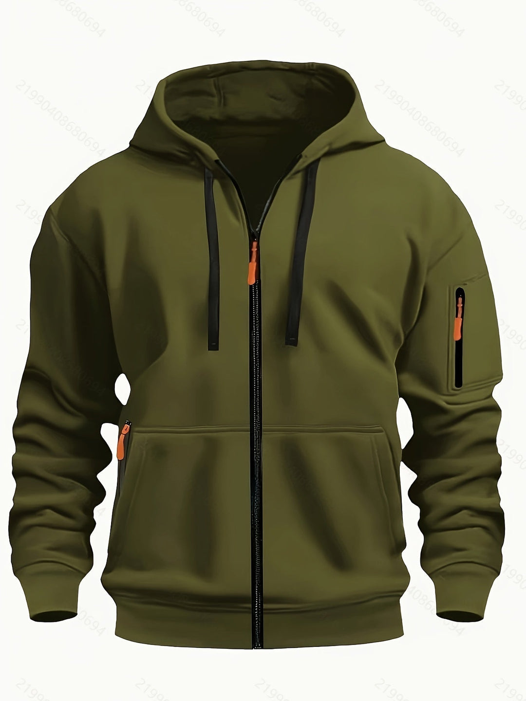 Detailed shot of drawstring hood on mens casual zip up sweatshirt