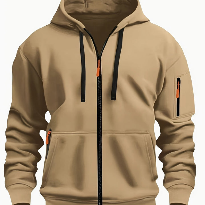 Model wearing mens zip up sweatshirt styled for cool weather outerwear