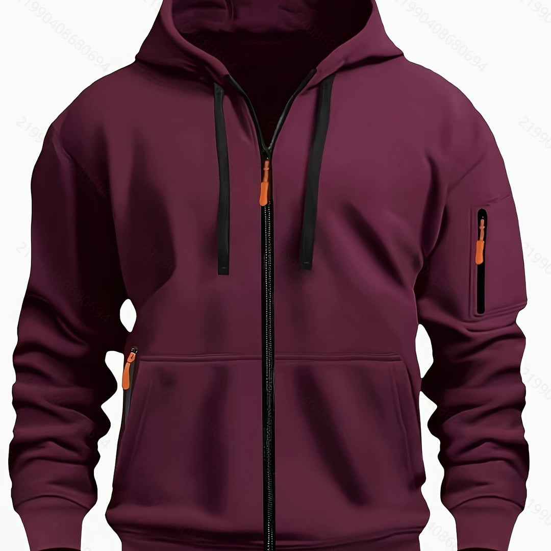 Hanging display of mens winter apparel zip-up hoodie clothing