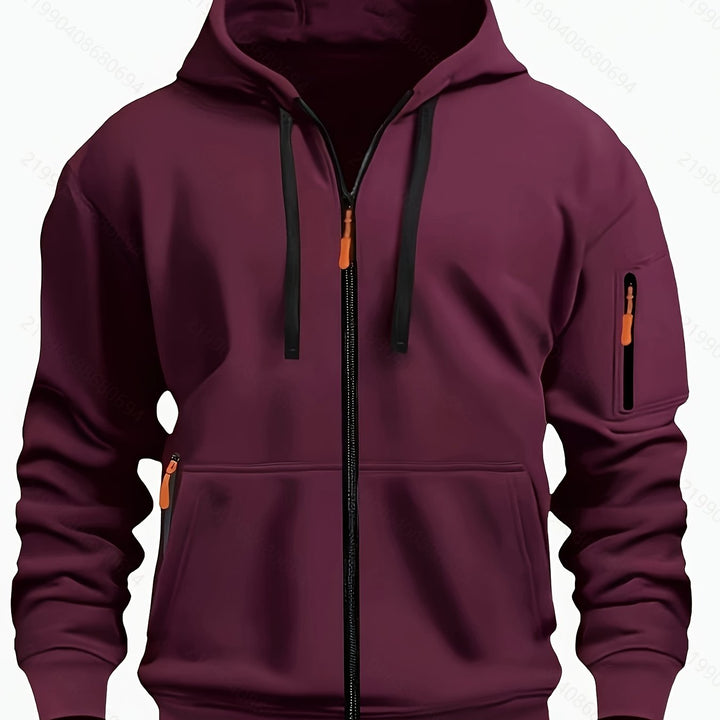 Hanging display of mens winter apparel zip-up hoodie clothing