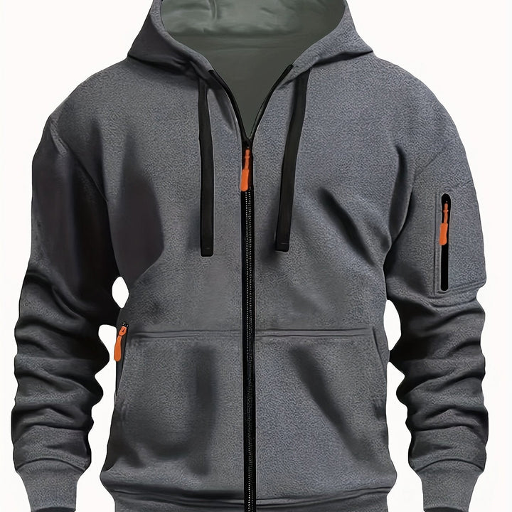 Hemline and bottom band detail on mens zip-up hoodie activewear