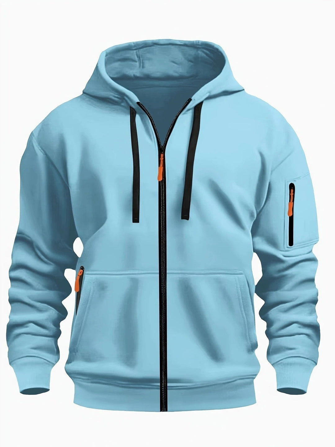 Men's sky blue zip-up hoodie sweatshirt with drawstrings