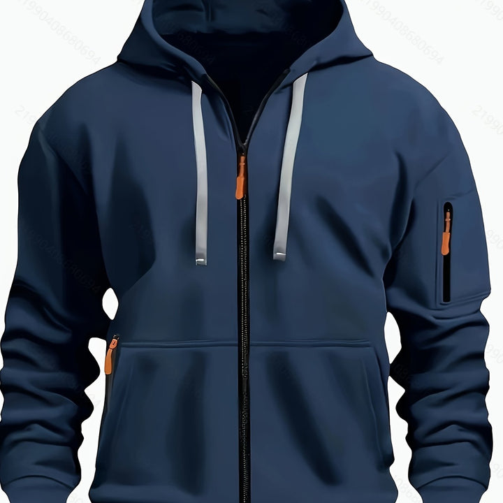 Collar and hood construction on mens zip up sweatshirt outerwear