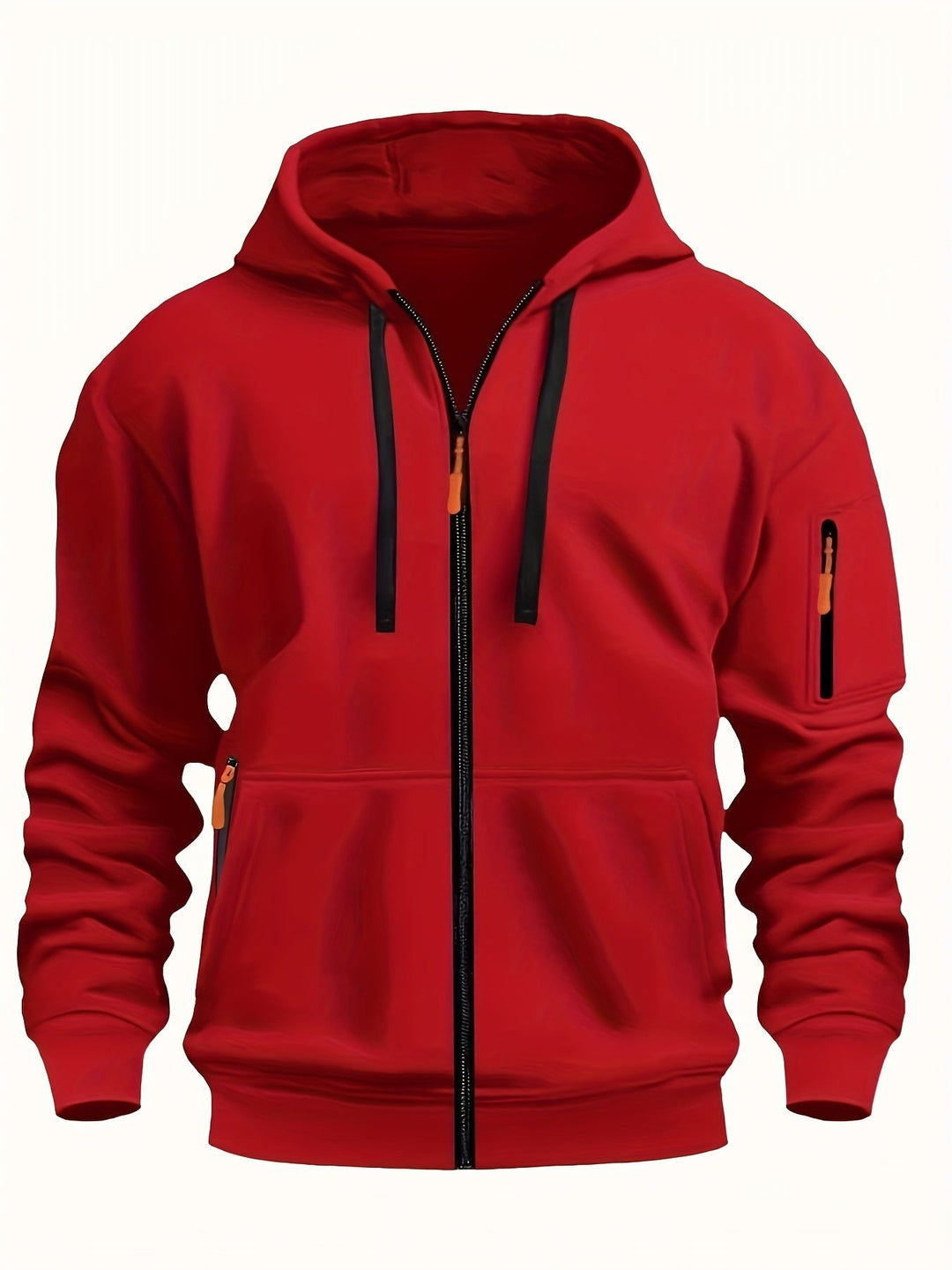 Back view of mens zip-up hoodie featuring attached hood and long sleeves