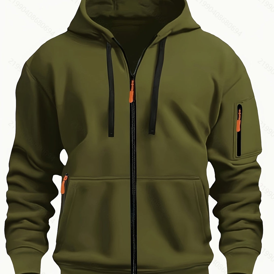 Men's army green zip-up hoodie with hood and front pockets