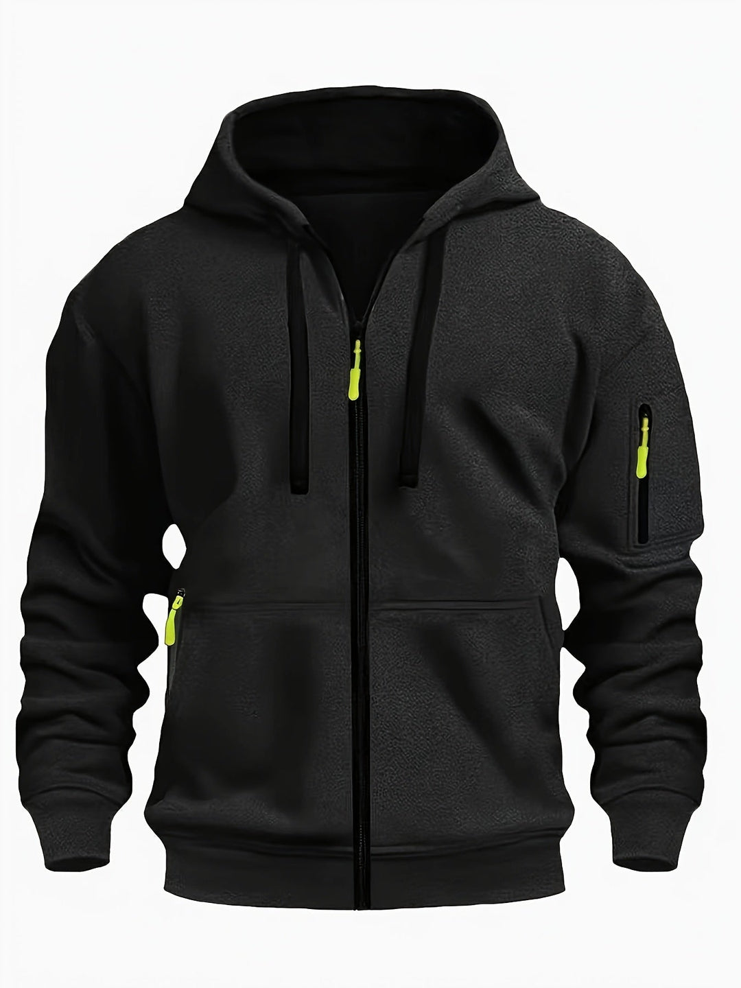 Close up view of zipper detail on mens zip up sweatshirt outerwear