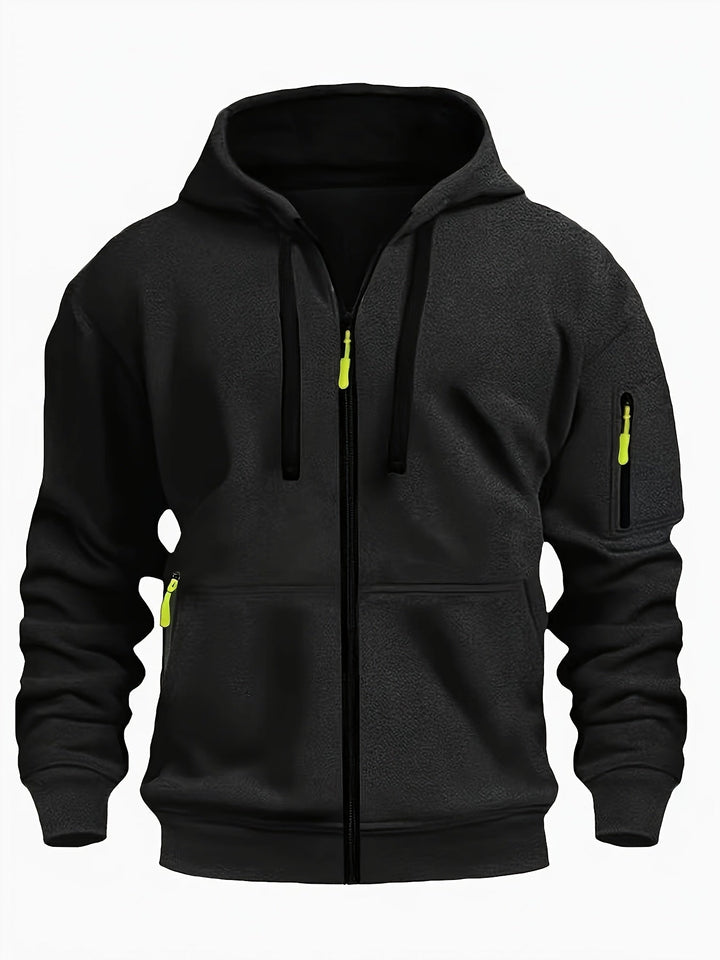 Close up view of zipper detail on mens zip up sweatshirt outerwear