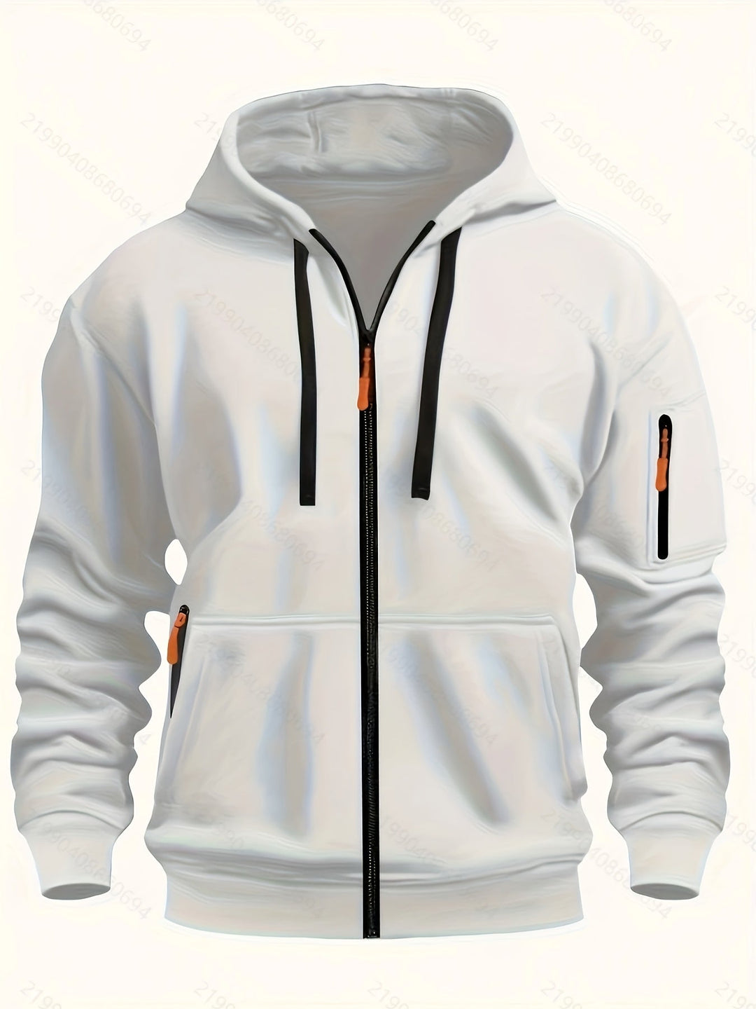 Men's white zip-up hoodie featuring full zipper and hood