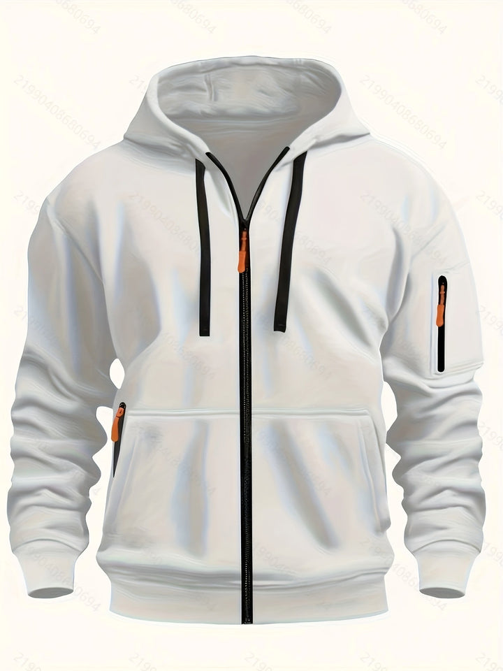 Men's white zip-up hoodie featuring full zipper and hood