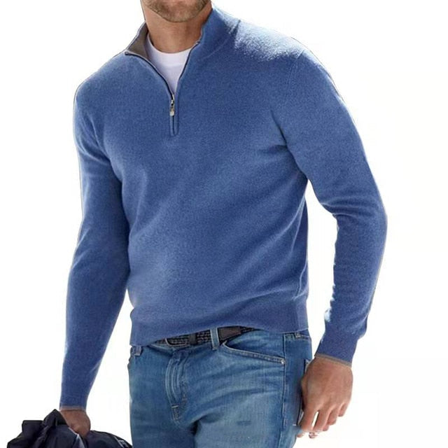 Mens v-neck jumper with stylish zip detail in classic knitwear style
