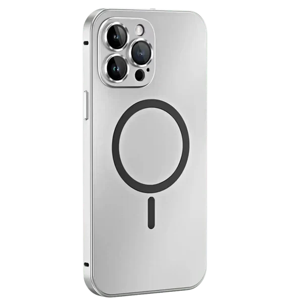 Silver magnetic metal phone case for iPhone showing rear camera cutouts and wireless charging ring