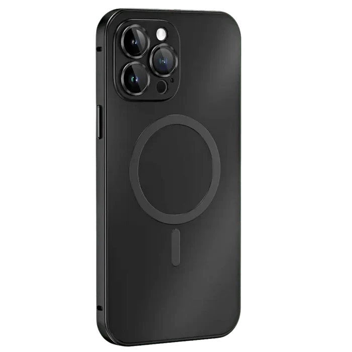 Black magnetic metal phone case for iPhone displayed from a rear angle