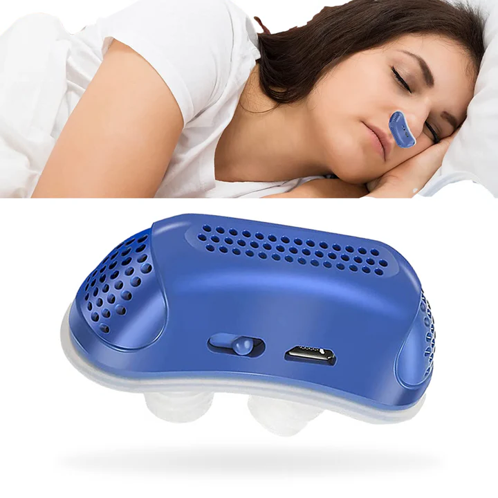 Close-up view of the blue portable micro CPAP machine resting on a white background