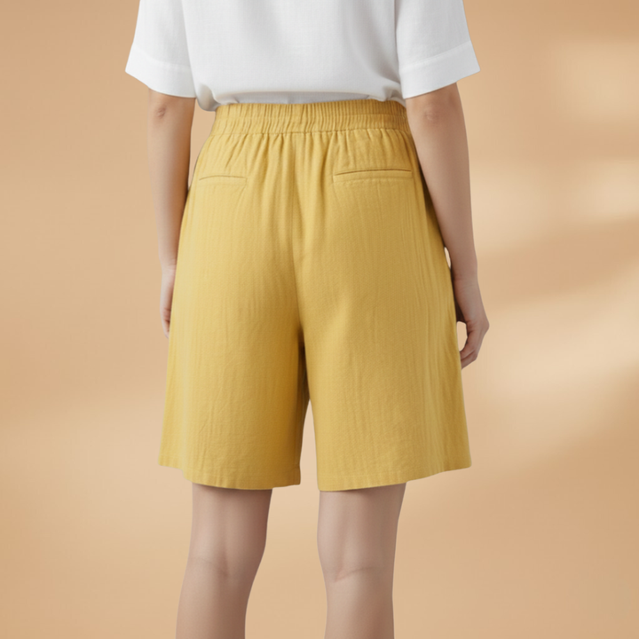 Back view of women's yellow wide leg shorts showing pocket details
