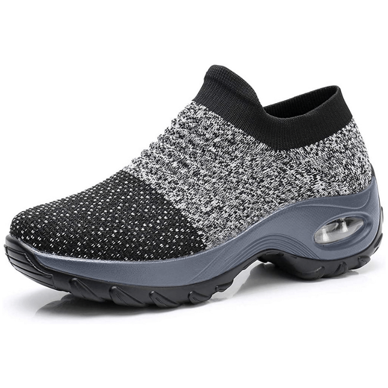 Women's grey and black patterned orthopedic walking sneaker with thick platform sole