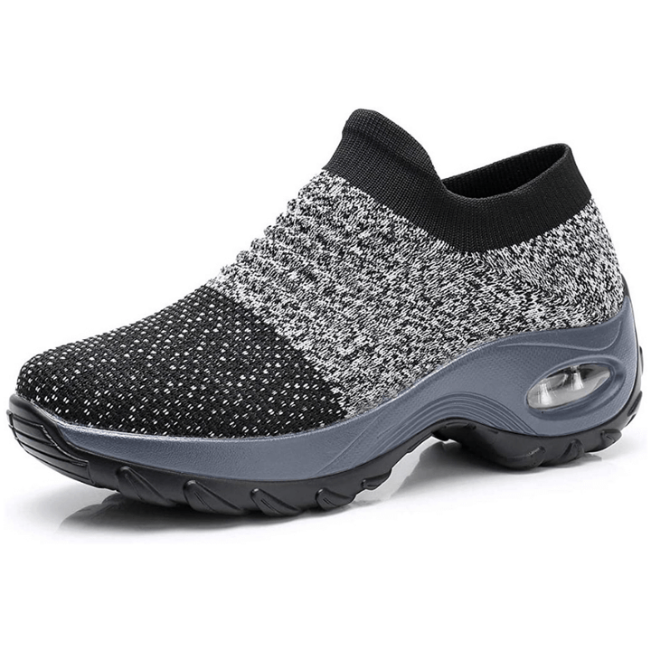 Women's grey and black patterned orthopedic walking sneaker with thick platform sole