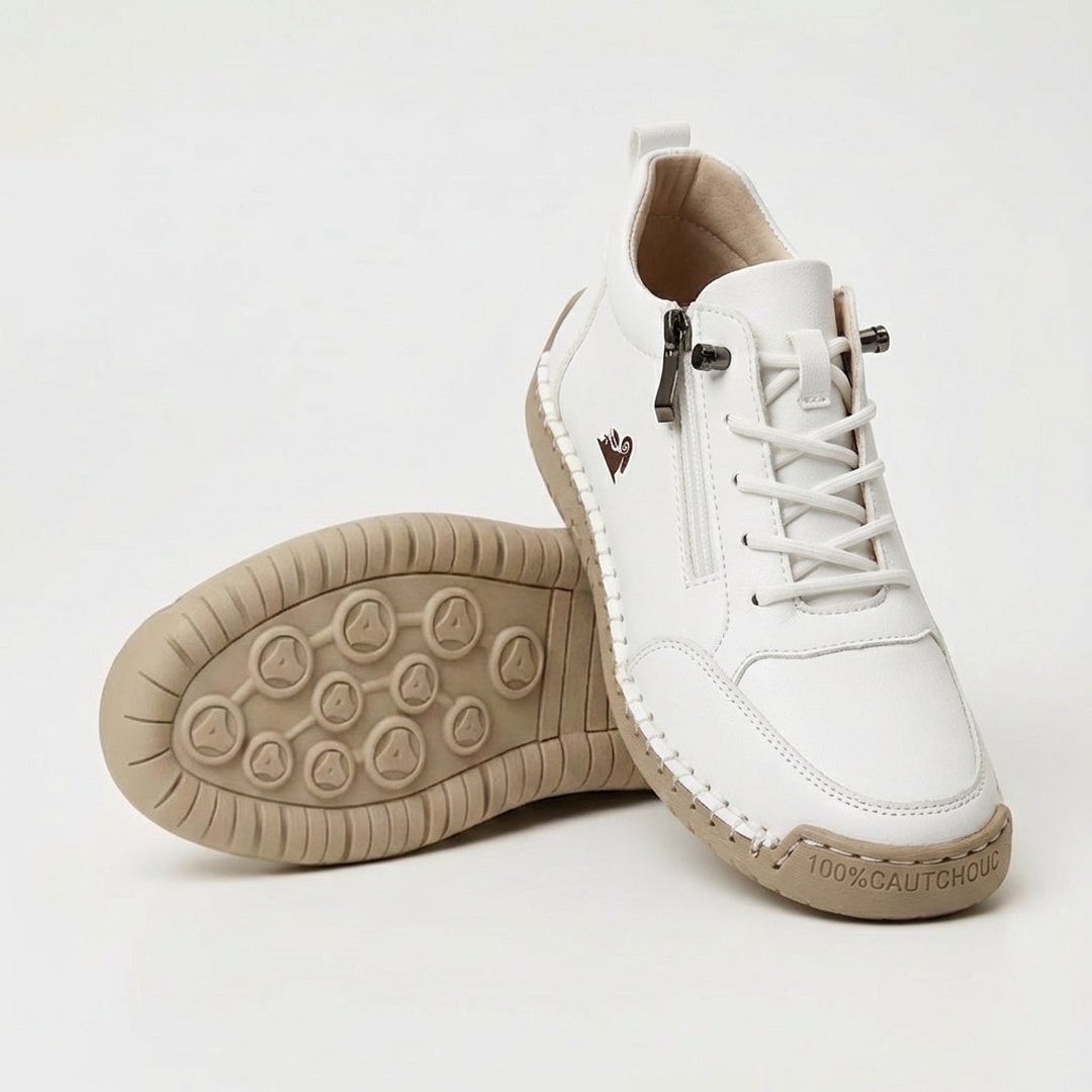 Supportive walking shoes for women showing breathable mesh upper, close-up