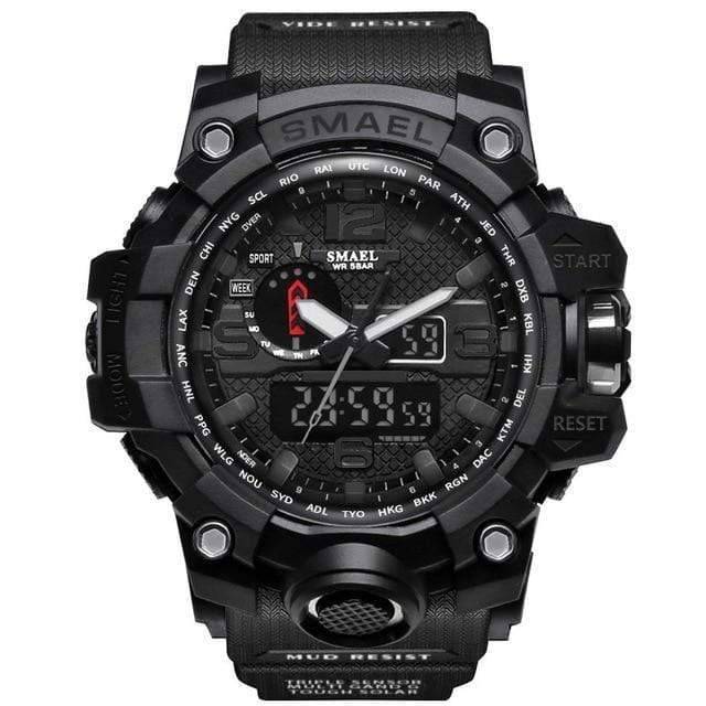 Men's all black military dual display analog digital watch front view