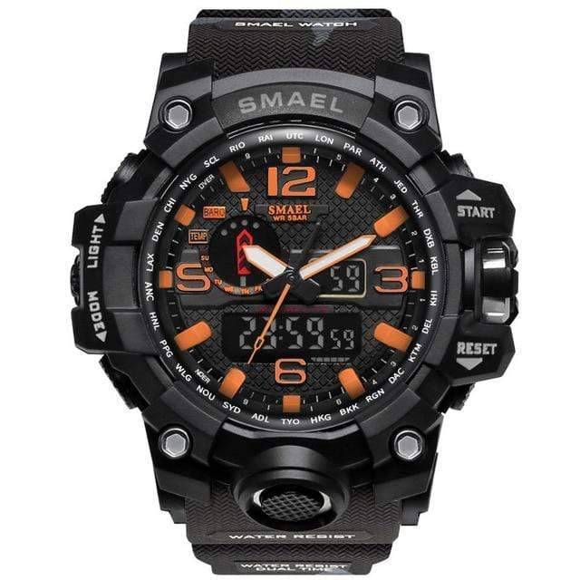 Mens dual display wristwatch flat lay on neutral background
