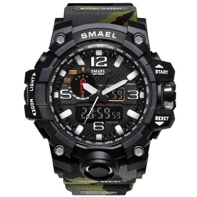 Sports chronograph watch clasp and adjustable strap detail