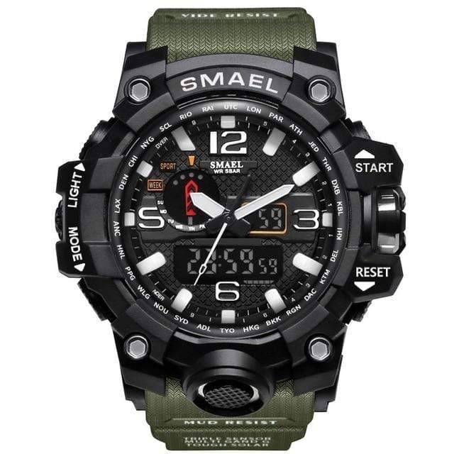 Mens military dual display analog digital watch side profile showing tactile buttons