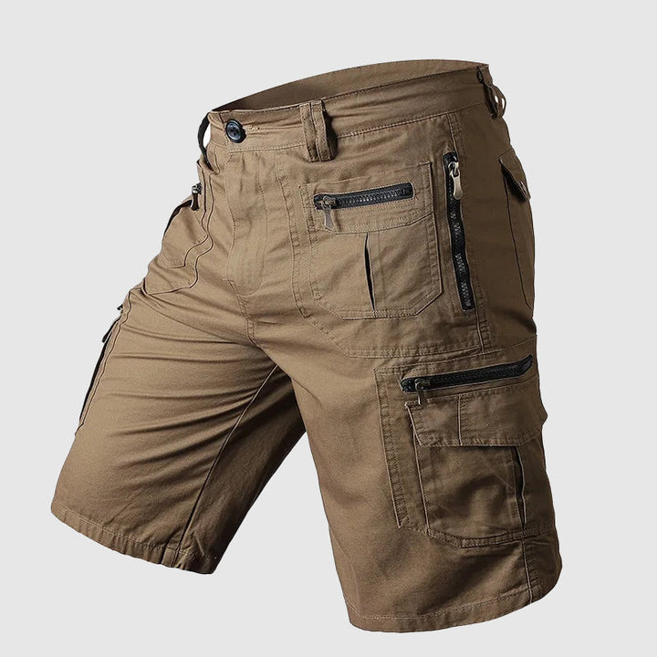 Men's khaki cargo knee length shorts with multiple zip pockets