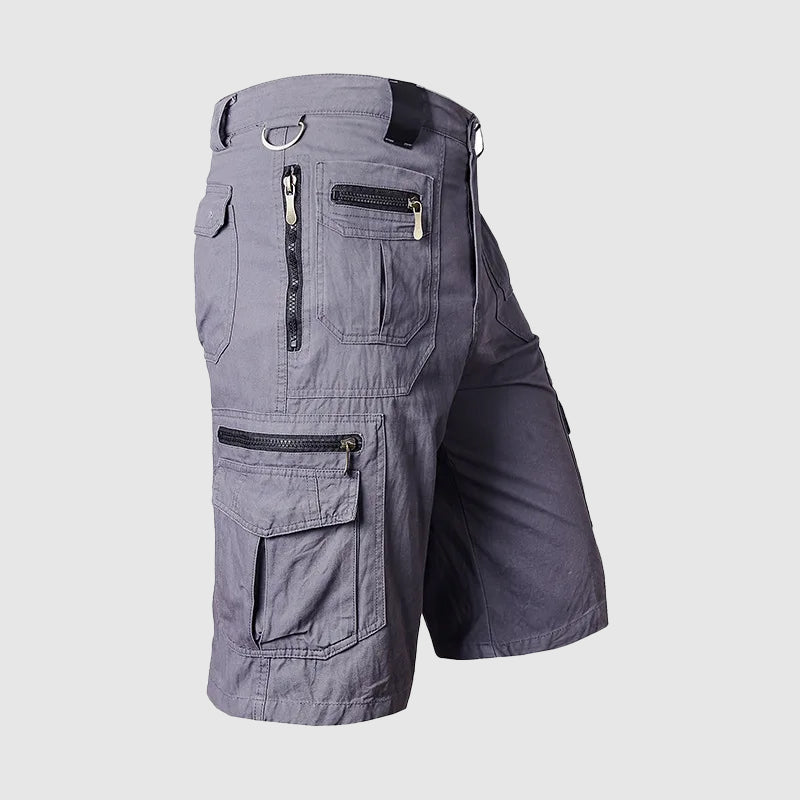 Dark grey mens knee length shorts showcasing deep cargo pockets