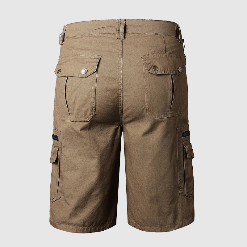 Durable cotton cargo shorts for men with secure button flap pockets