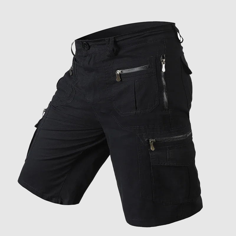 Men's black cargo knee length shorts with utility pockets