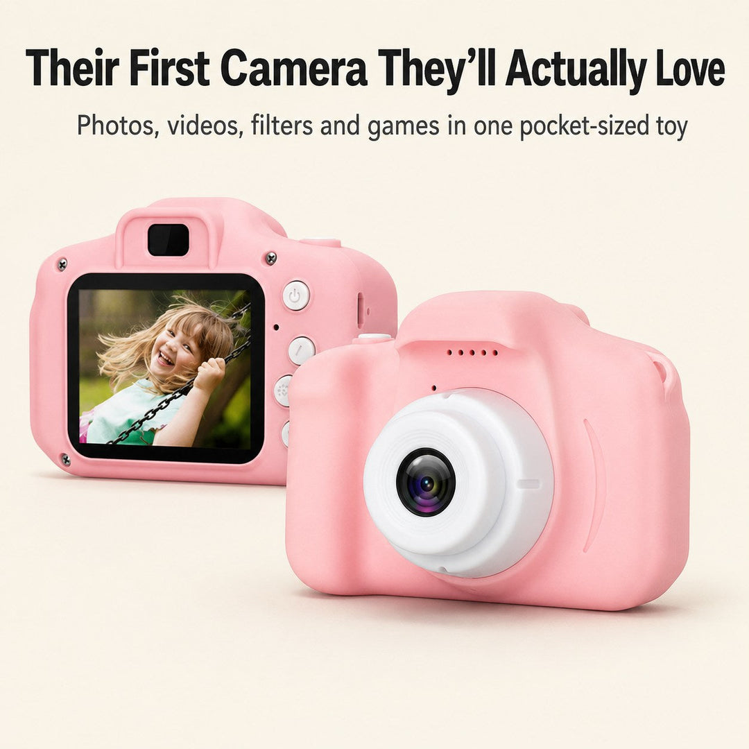 Pink kids mini digital camera showing screen and front lens