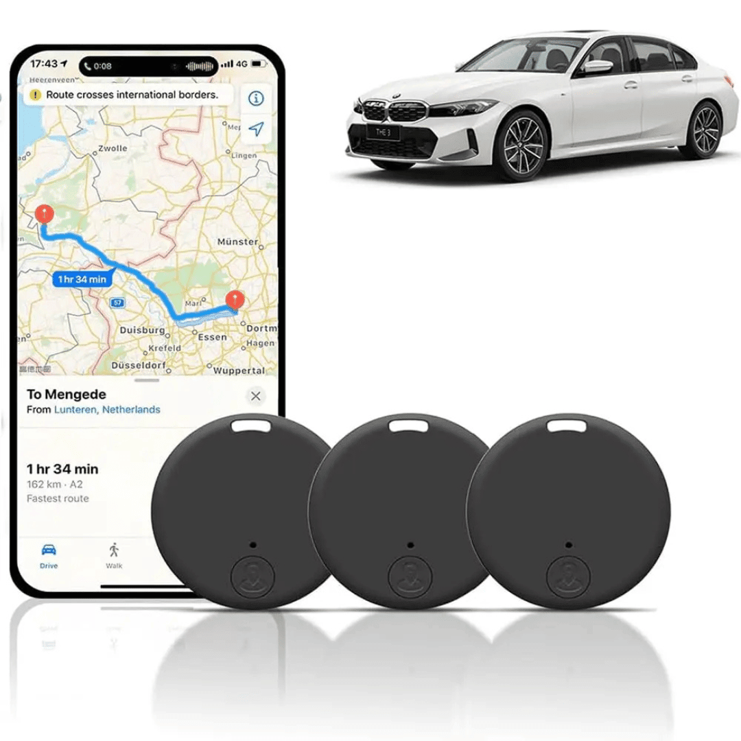 Three black mini GPS trackers displayed in front of a smartphone showing a map route and a car.