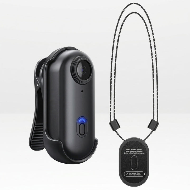 Black mini 4K POV camera next to its magnetic pendant collar and clip accessory