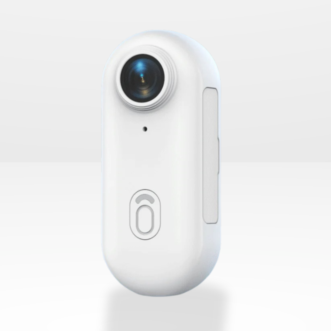 Close-up front view of the white 4K mini camera showing lens and sleek housing