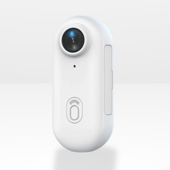 Close-up front view of the white 4K mini camera showing lens and sleek housing
