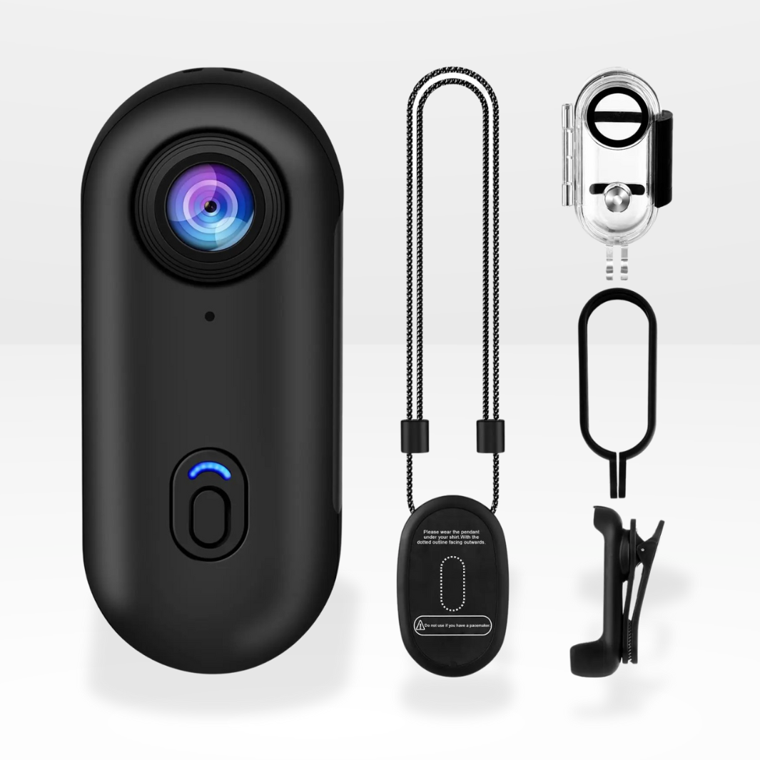 Mini POV action camera angled to show lens and durable wireless recorder build