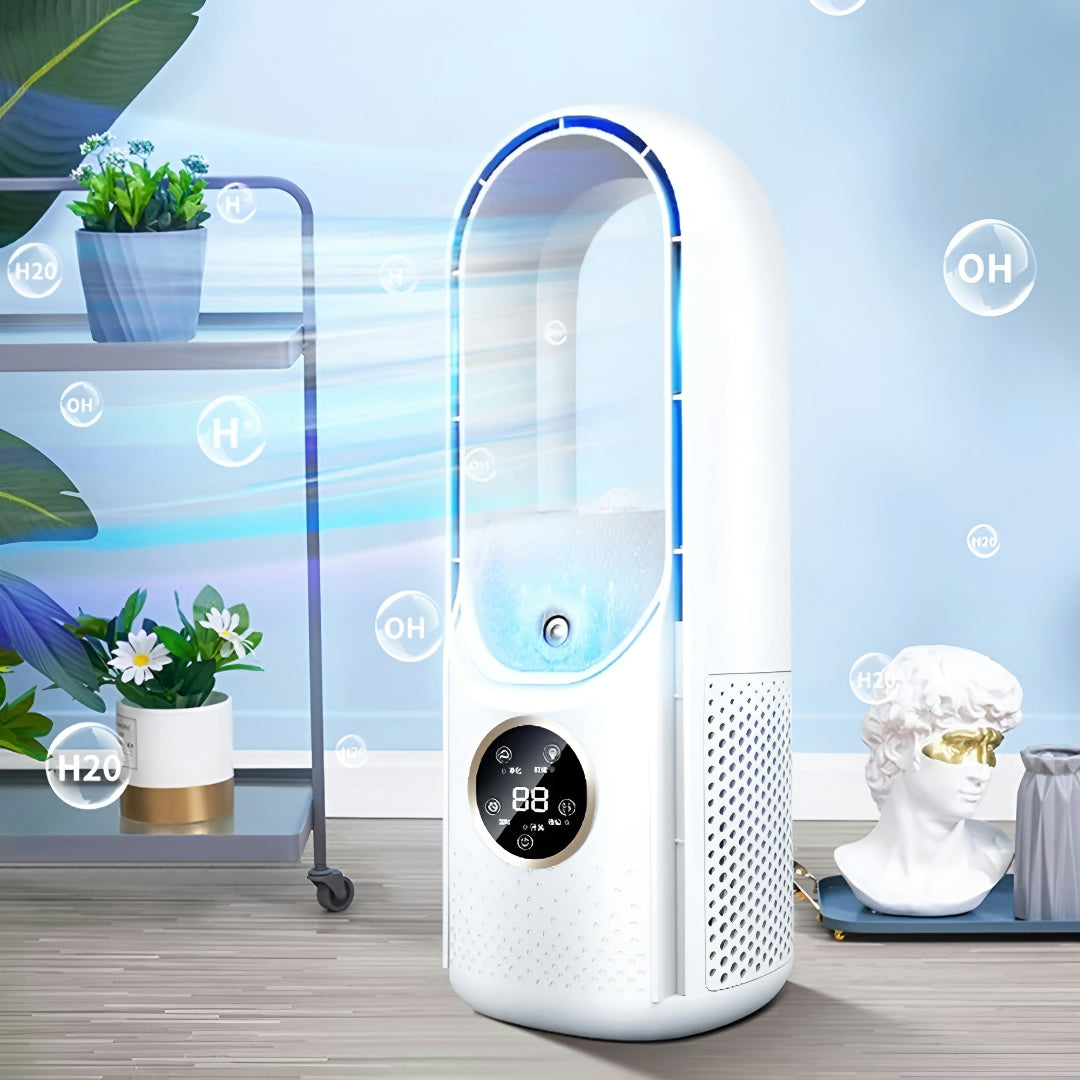 White mini silent portable bladeless air conditioner on a stand