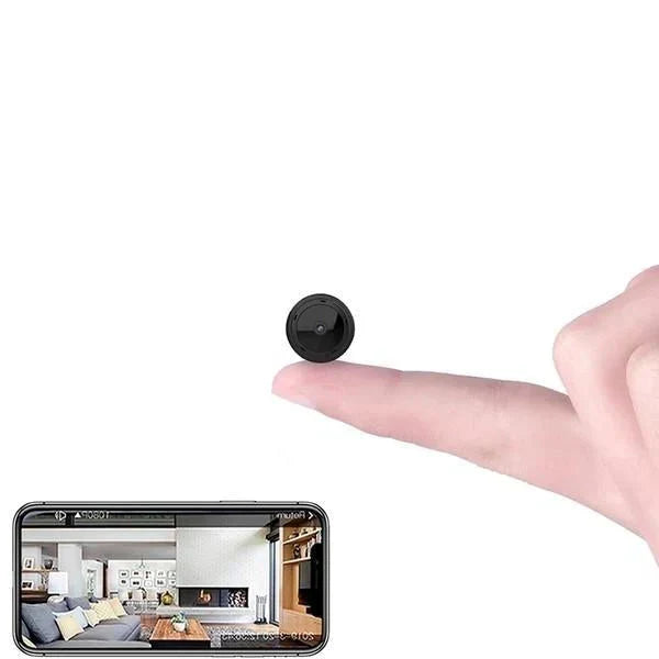 Close-up view of the compact black mini security camera lens