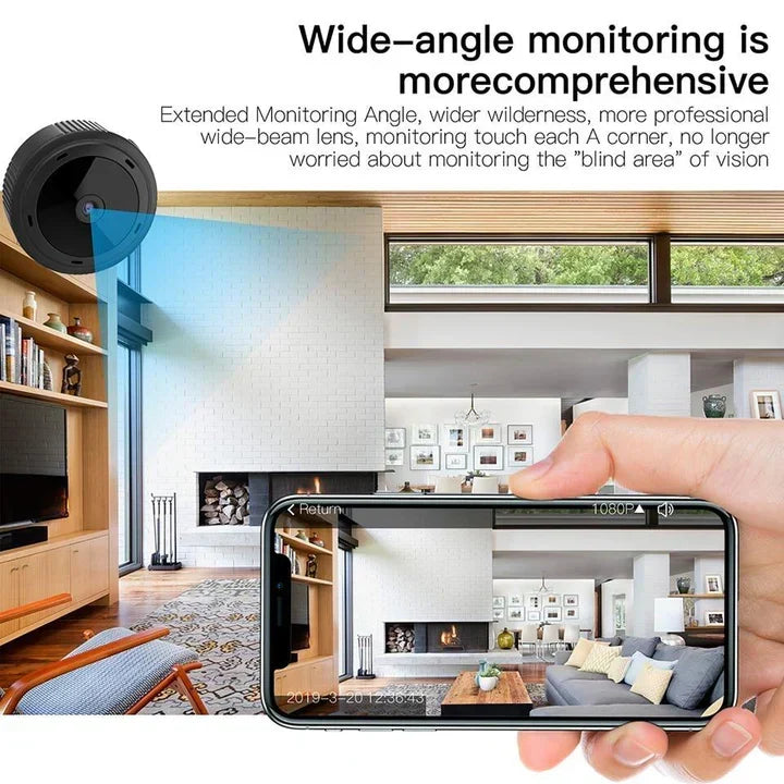 Wireless home security camera angled to show wide-angle lens