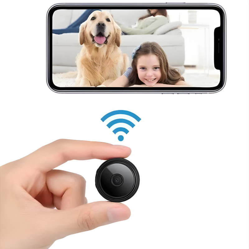 Mini wireless magnetic security camera held in hand with smartphone live video feed showing a dog and child