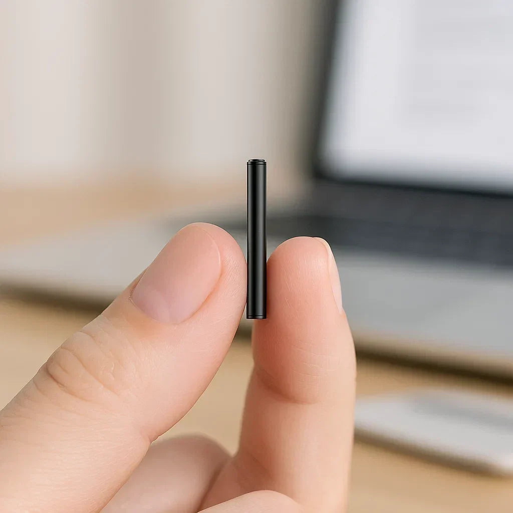 Fingers holding a miniature black voice recorder tube next to a laptop