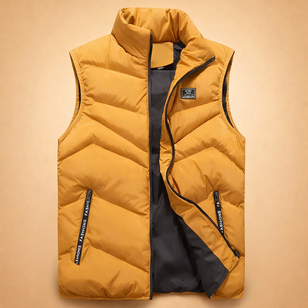 Yellow quilted puffer vest displayed flat showing interior lining