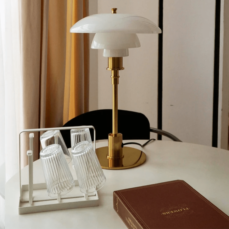 Modern minimalist glass shade table lamp styled for home decor